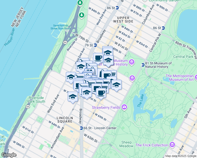 map of restaurants, bars, coffee shops, grocery stores, and more near 155 West 73rd Street in New York
