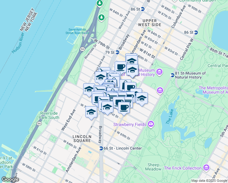 map of restaurants, bars, coffee shops, grocery stores, and more near 155 West 73rd Street in New York
