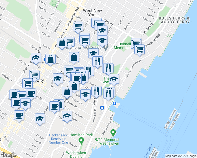 map of restaurants, bars, coffee shops, grocery stores, and more near 3 5 5oth Street in Weehawken