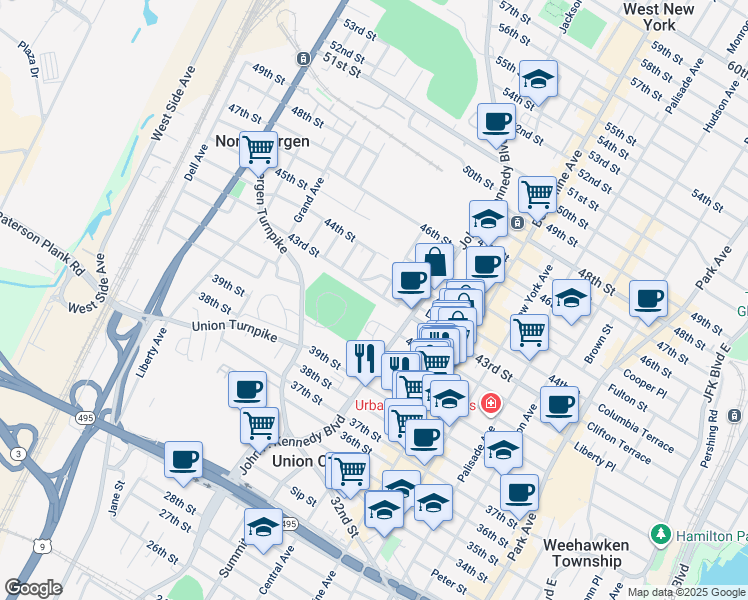 map of restaurants, bars, coffee shops, grocery stores, and more near 4201 John F. Kennedy Boulevard in North Bergen