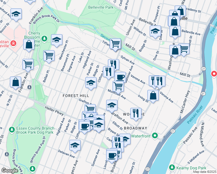 map of restaurants, bars, coffee shops, grocery stores, and more near 176 Montclair Avenue in Newark