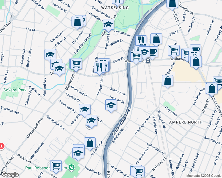 map of restaurants, bars, coffee shops, grocery stores, and more near 112 Norman Street in East Orange