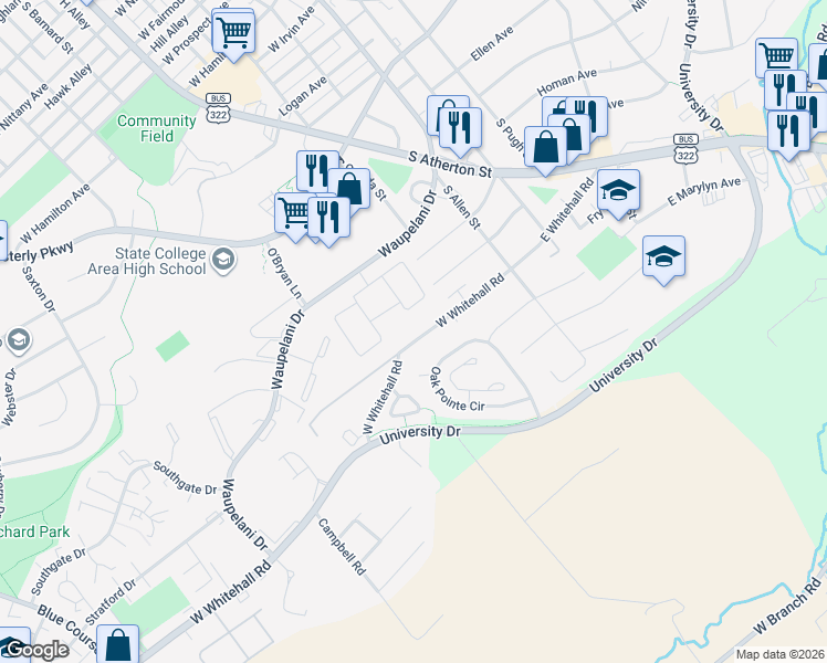 map of restaurants, bars, coffee shops, grocery stores, and more near 320 West Whitehall Road in State College
