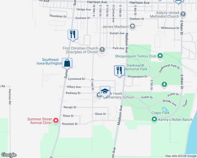 map of restaurants, bars, coffee shops, grocery stores, and more near 1300 Hillary Avenue in Burlington