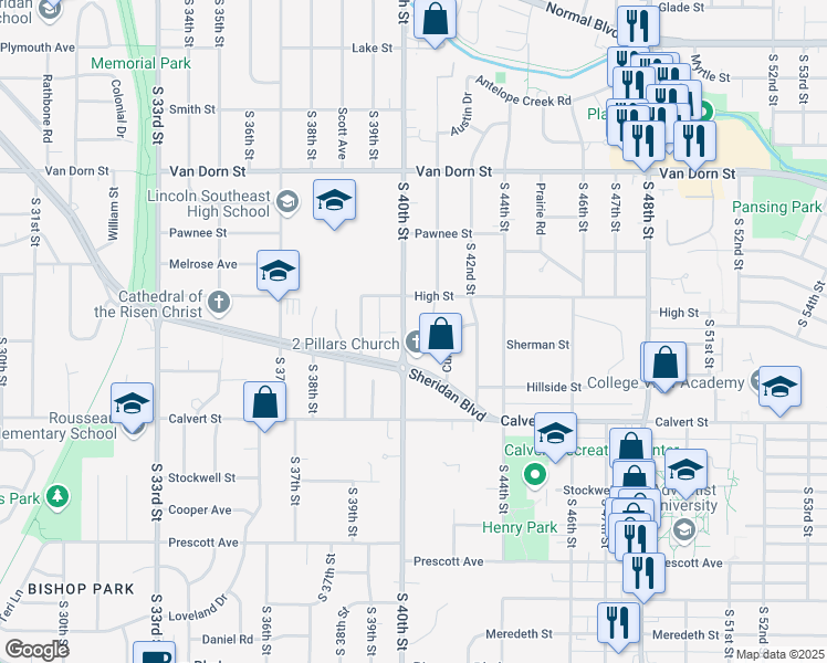 map of restaurants, bars, coffee shops, grocery stores, and more near 4000 Sheridan Boulevard in Lincoln