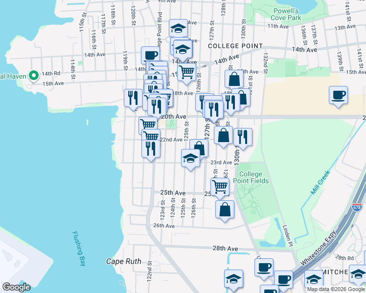 map of restaurants, bars, coffee shops, grocery stores, and more near 22-14 125th Street in Queens
