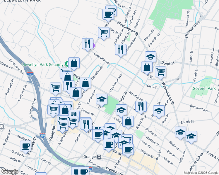 map of restaurants, bars, coffee shops, grocery stores, and more near 470 Park Avenue in City of Orange
