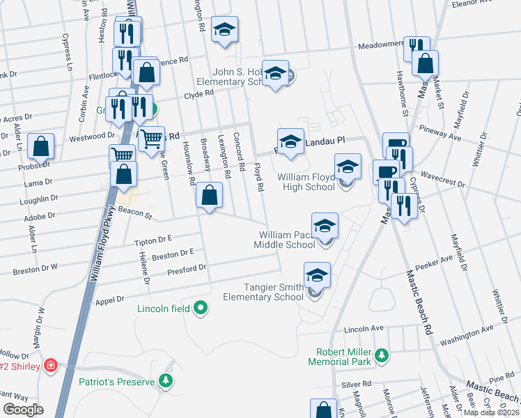 map of restaurants, bars, coffee shops, grocery stores, and more near 54 Beacon Street in Shirley