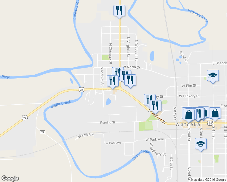 map of restaurants, bars, coffee shops, grocery stores, and more near 827 West Lafayette Street in Watseka