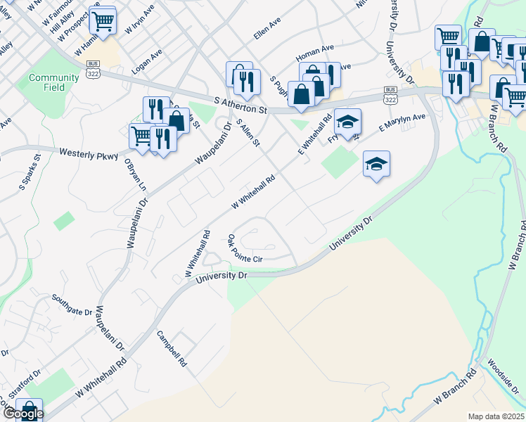 map of restaurants, bars, coffee shops, grocery stores, and more near 119 Oak Pointe Circle in State College