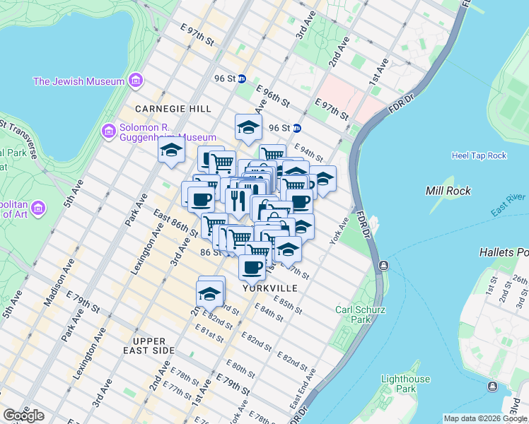 map of restaurants, bars, coffee shops, grocery stores, and more near 311 East 88th Street in New York