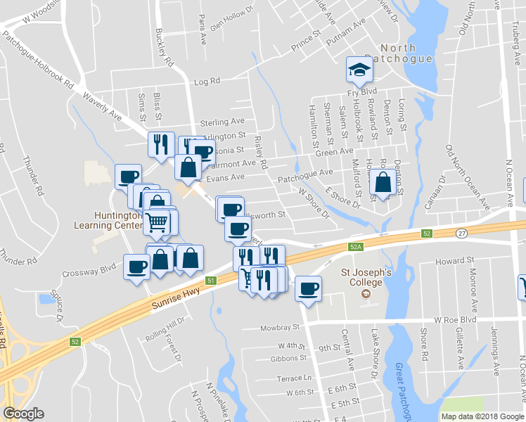 map of restaurants, bars, coffee shops, grocery stores, and more near 49 Ellsworth Street in Patchogue