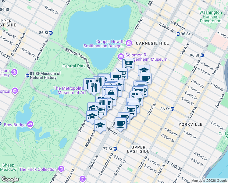map of restaurants, bars, coffee shops, grocery stores, and more near 445 Park Avenue in New York