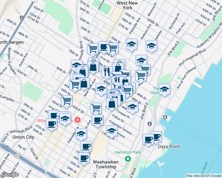 map of restaurants, bars, coffee shops, grocery stores, and more near 4705 Hudson Avenue in Union City
