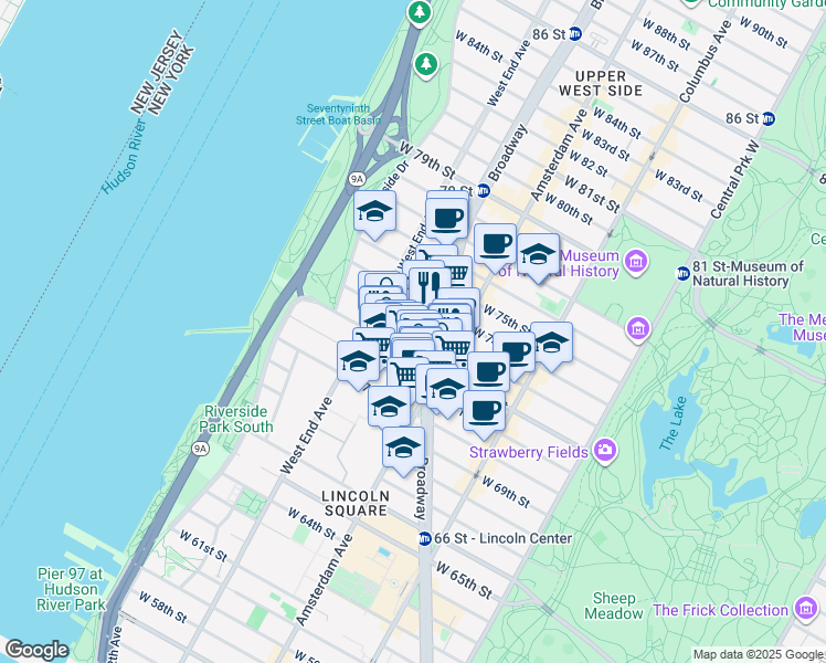 map of restaurants, bars, coffee shops, grocery stores, and more near 240 West 73rd Street in New York