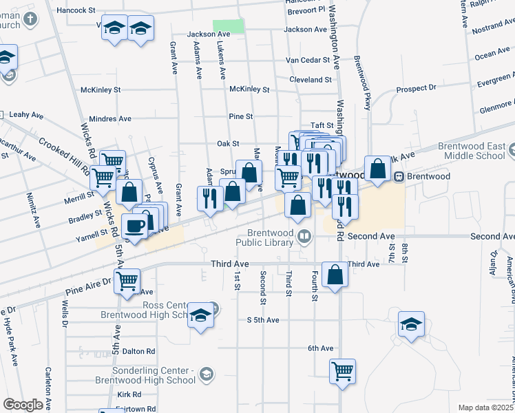 map of restaurants, bars, coffee shops, grocery stores, and more near 11 Second Avenue in Brentwood
