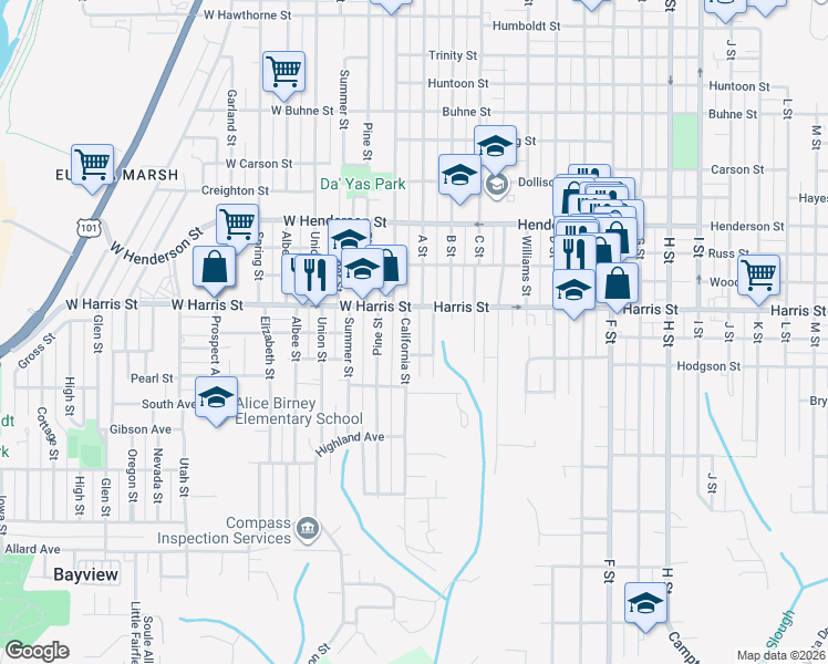 map of restaurants, bars, coffee shops, grocery stores, and more near 3305 California St in Eureka
