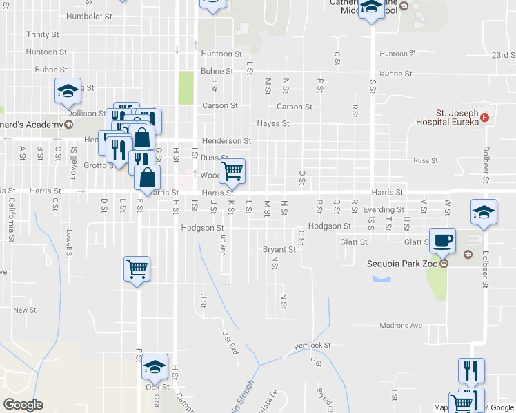 map of restaurants, bars, coffee shops, grocery stores, and more near 1121 Everding Street in Eureka