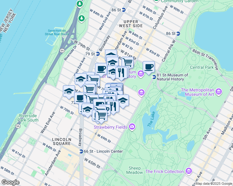 map of restaurants, bars, coffee shops, grocery stores, and more near 326 Columbus Avenue in New York