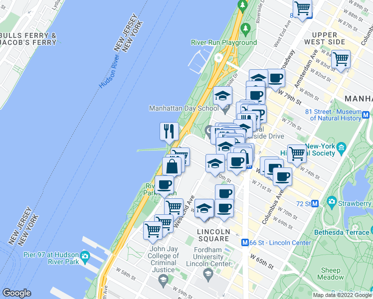 map of restaurants, bars, coffee shops, grocery stores, and more near 220 Riverside Boulevard in New York