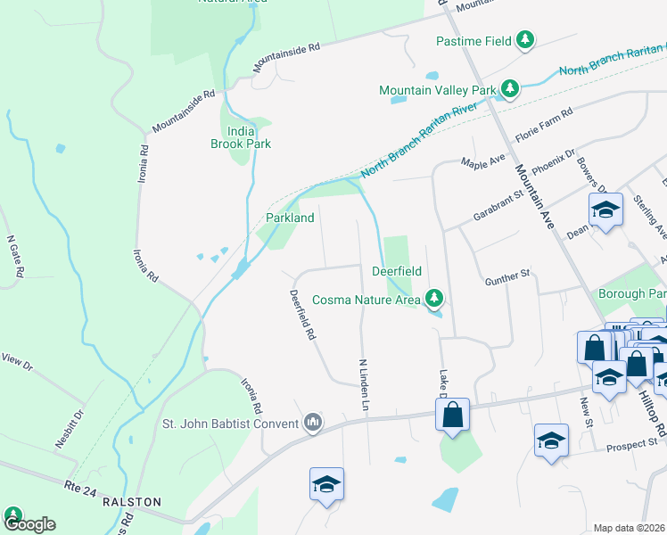 map of restaurants, bars, coffee shops, grocery stores, and more near 1 Loryn Lane in Mendham