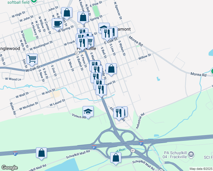 map of restaurants, bars, coffee shops, grocery stores, and more near 402 South Middle Street in Frackville