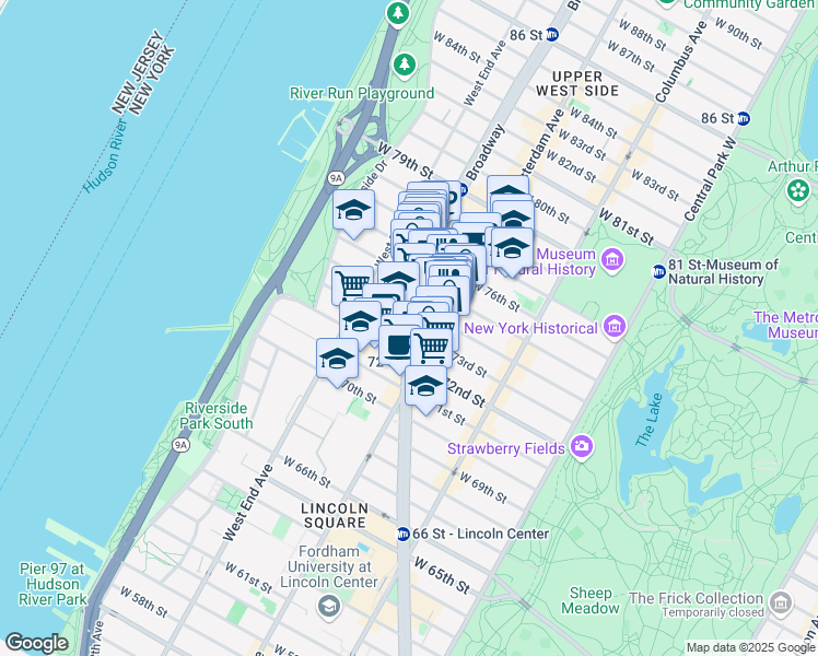 map of restaurants, bars, coffee shops, grocery stores, and more near 2101 Broadway in New York