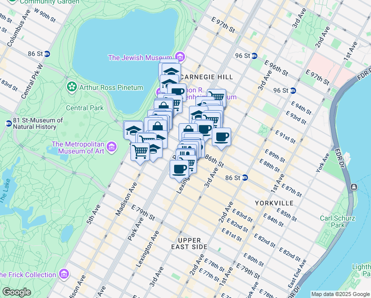 map of restaurants, bars, coffee shops, grocery stores, and more near 1040 Park Avenue in New York