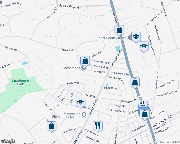 map of restaurants, bars, coffee shops, grocery stores, and more near 23 Maryland Street in Dix Hills