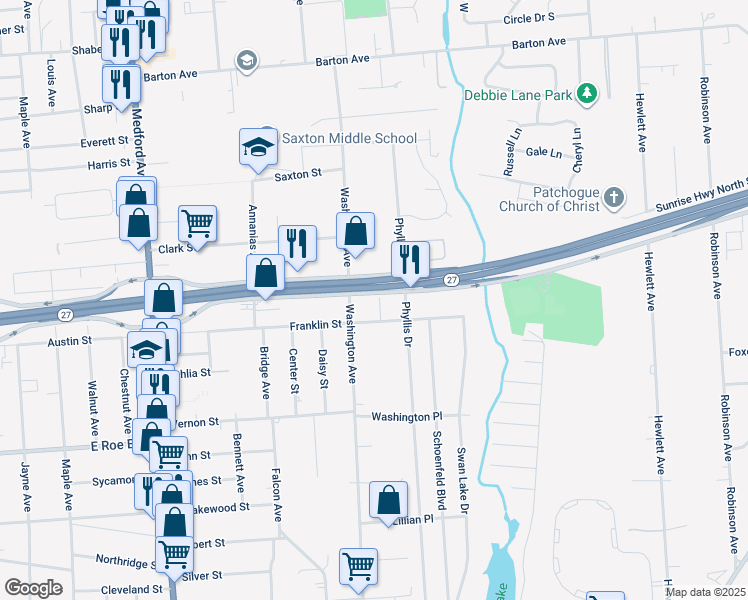 map of restaurants, bars, coffee shops, grocery stores, and more near 56 Harrison Avenue in East Patchogue