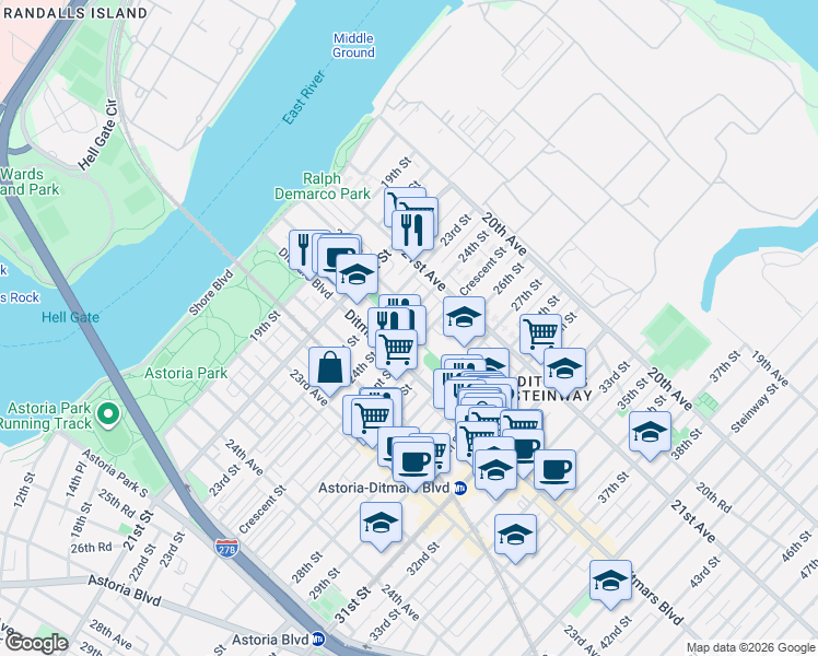 map of restaurants, bars, coffee shops, grocery stores, and more near 21-36 24th Street in Queens