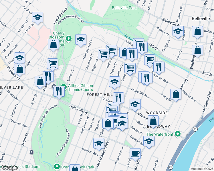 map of restaurants, bars, coffee shops, grocery stores, and more near 258 Montclair Avenue in Newark