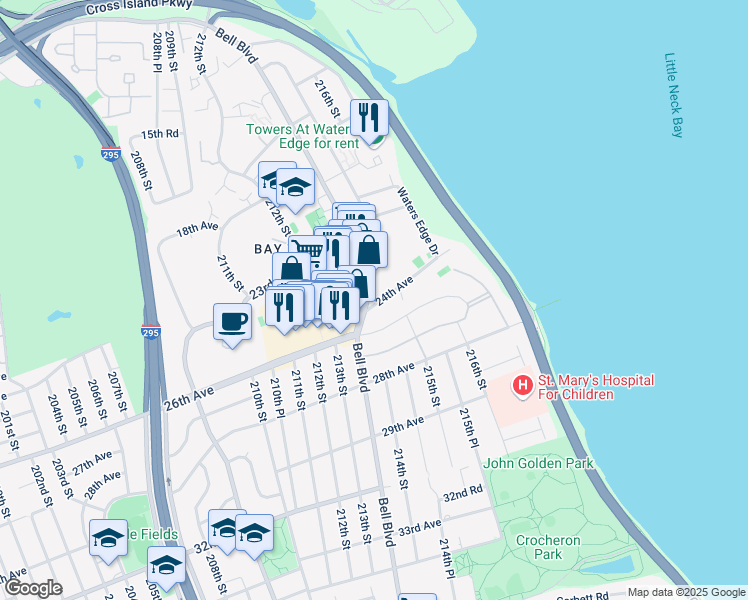 map of restaurants, bars, coffee shops, grocery stores, and more near 23-55 Bell Boulevard in Queens