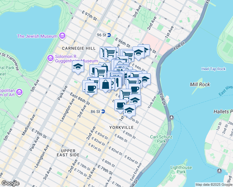 map of restaurants, bars, coffee shops, grocery stores, and more near 2nd Avenue in New York