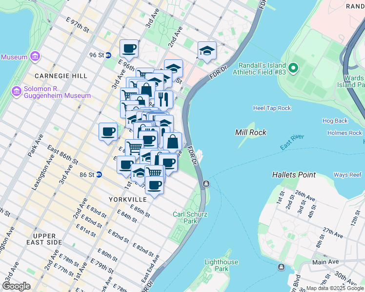 map of restaurants, bars, coffee shops, grocery stores, and more near 579 East 92nd Street in New York
