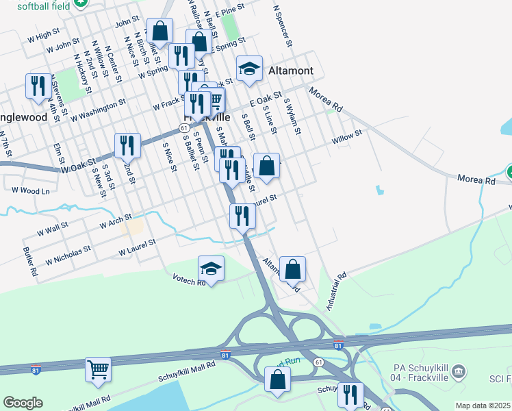 map of restaurants, bars, coffee shops, grocery stores, and more near 402 South Middle Street in Frackville