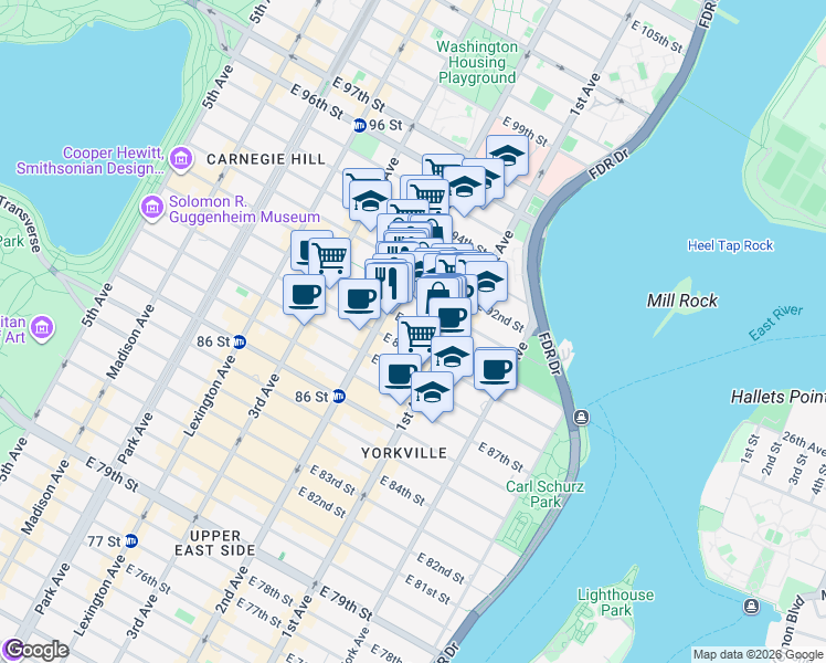 map of restaurants, bars, coffee shops, grocery stores, and more near 316 East 91st Street in New York