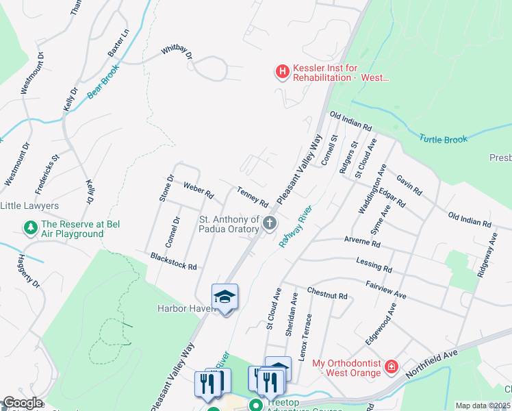map of restaurants, bars, coffee shops, grocery stores, and more near 15 Tenney Road in West Orange