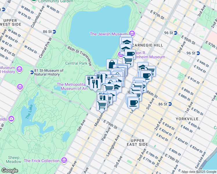 map of restaurants, bars, coffee shops, grocery stores, and more near 2 East 84th Street in New York