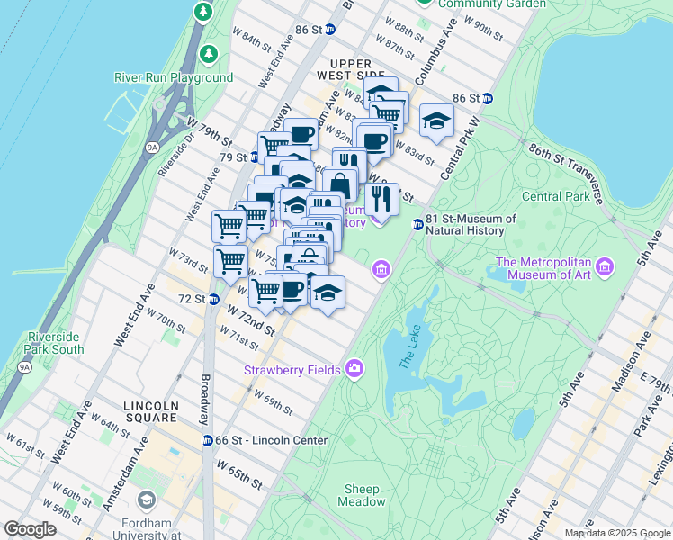 map of restaurants, bars, coffee shops, grocery stores, and more near 43 West 76th Street in New York
