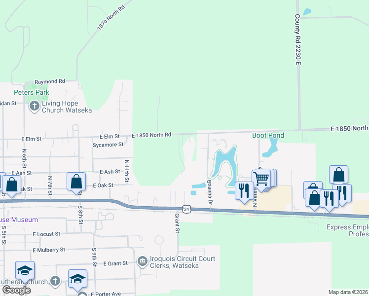 map of restaurants, bars, coffee shops, grocery stores, and more near 2173 East 1850 North Road in Watseka