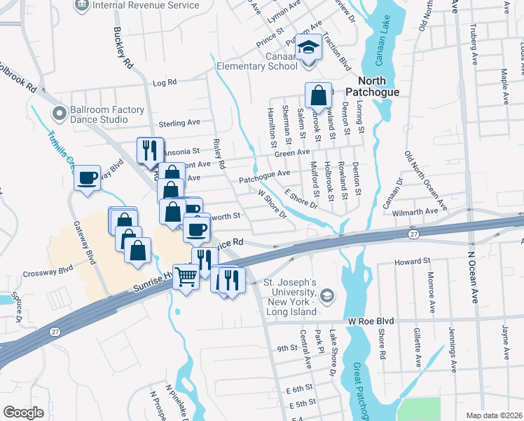 map of restaurants, bars, coffee shops, grocery stores, and more near 24 Kent Street in Patchogue