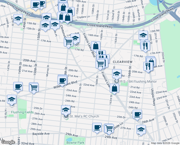 map of restaurants, bars, coffee shops, grocery stores, and more near 157-40 20th Avenue in Queens