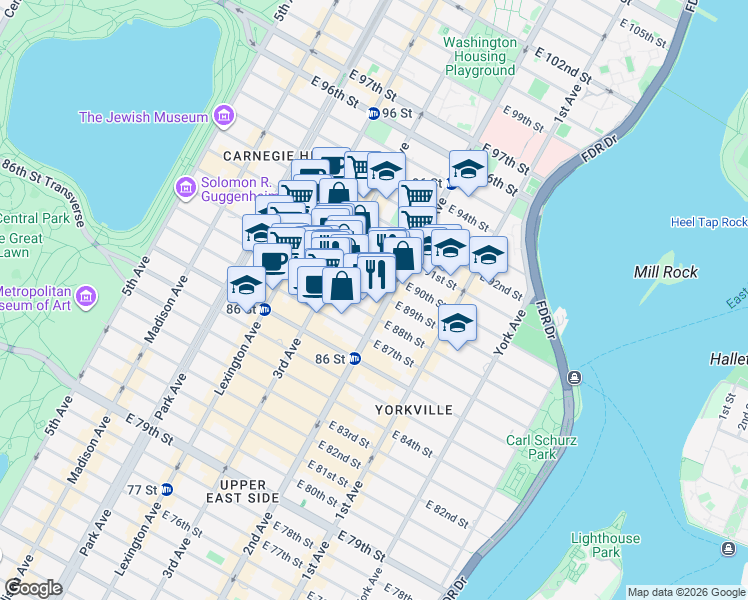 map of restaurants, bars, coffee shops, grocery stores, and more near 232 East 90th Street in New York