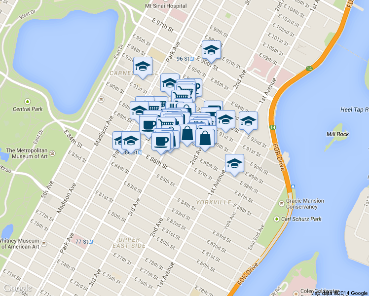 map of restaurants, bars, coffee shops, grocery stores, and more near 232 East 90th Street in New York