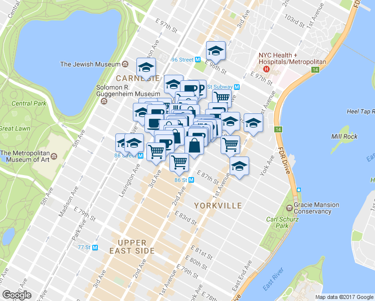 map of restaurants, bars, coffee shops, grocery stores, and more near 232 East 90th Street in New York