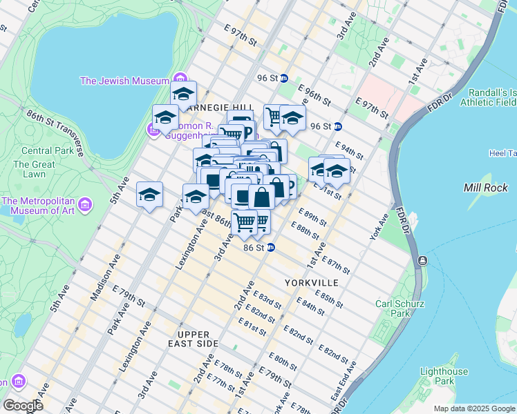 map of restaurants, bars, coffee shops, grocery stores, and more near 1574 3rd Avenue in New York