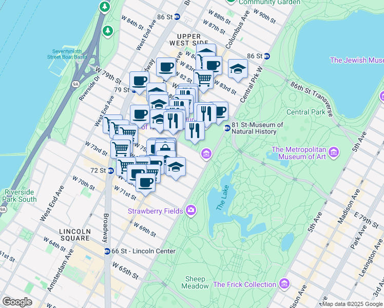 map of restaurants, bars, coffee shops, grocery stores, and more near 44 West 77th Street in New York