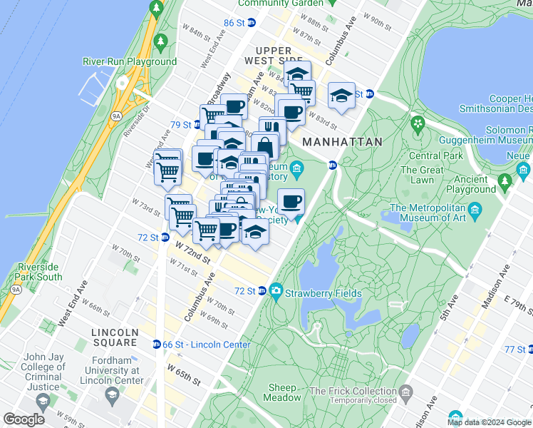 map of restaurants, bars, coffee shops, grocery stores, and more near 44 West 77th Street in New York