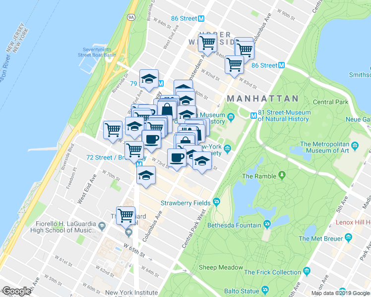 map of restaurants, bars, coffee shops, grocery stores, and more near 141 West 77th Street in New York